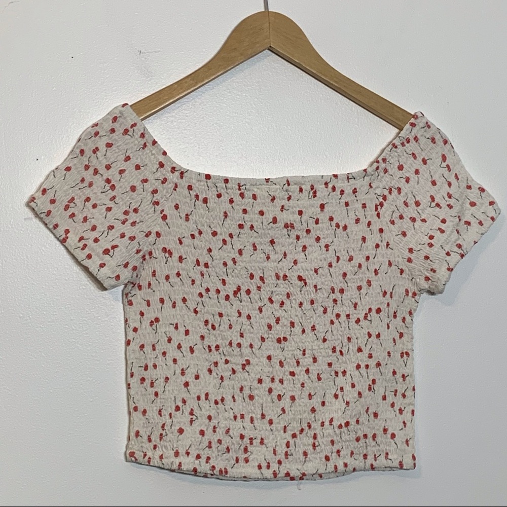EUC Shirred Cherry Print Off Shoulder Smocked‎ Top